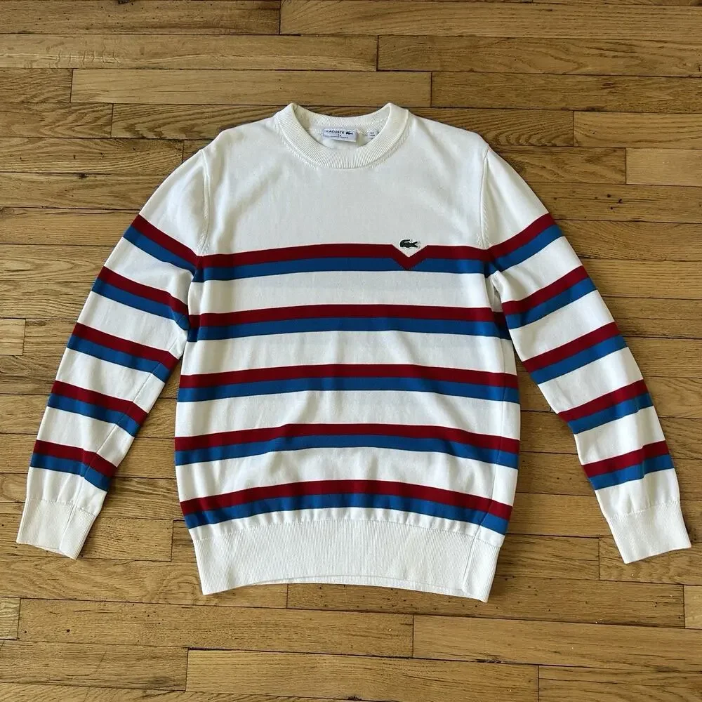 Lacoste AH6788 Made in France Striped Organic Cotton Sweater M White Red Blue